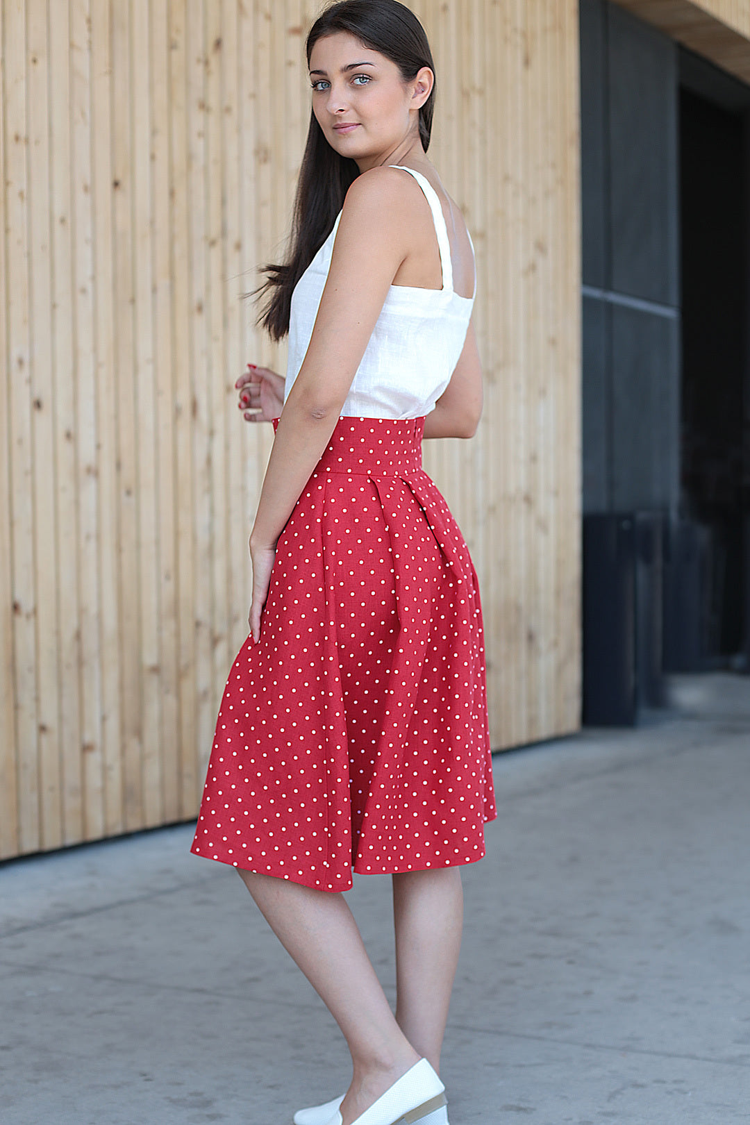 Red linen polka dot skirt