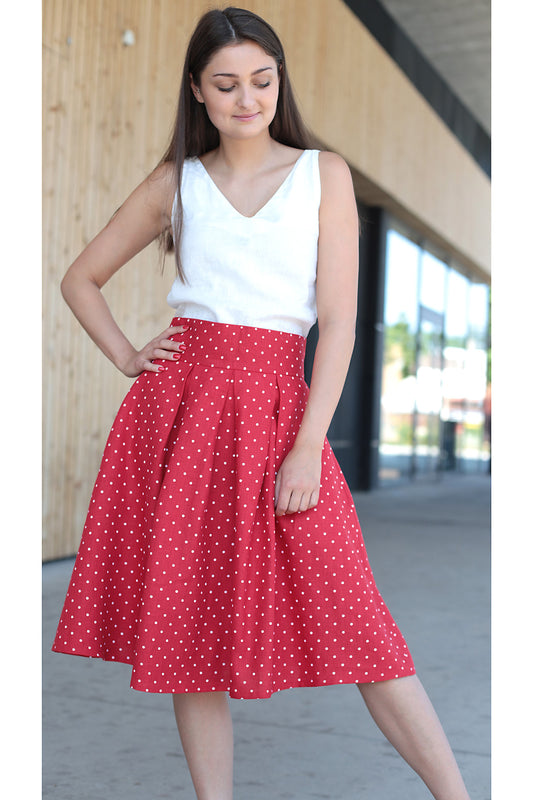 Red linen polka dot skirt