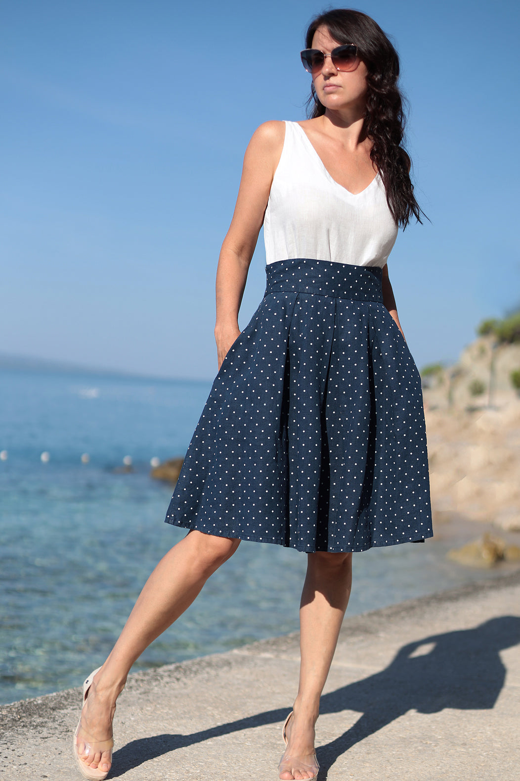 Blue polka dot linen skirt