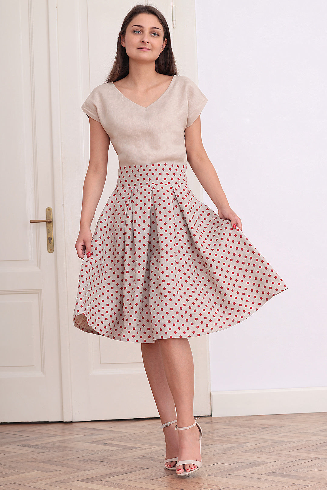 Linen polka dot skirt with high waist