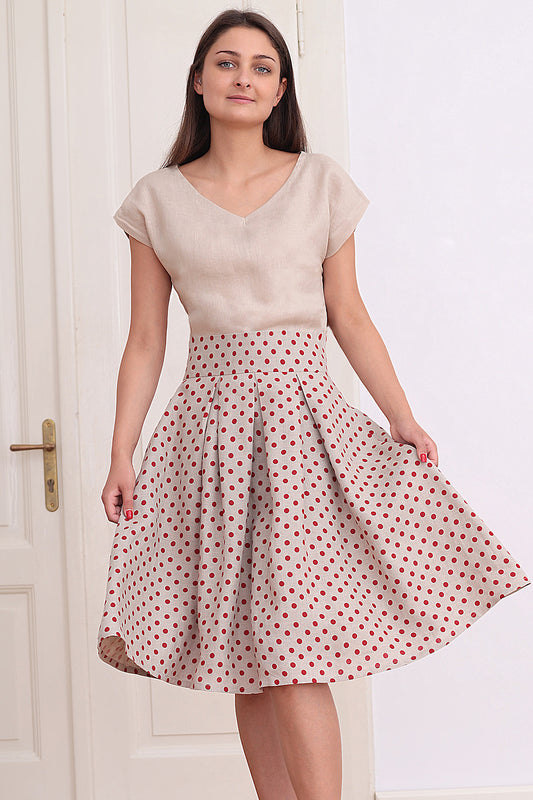 Linen polka dot skirt with high waist