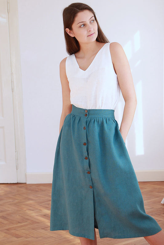 , petrol linen skirts 