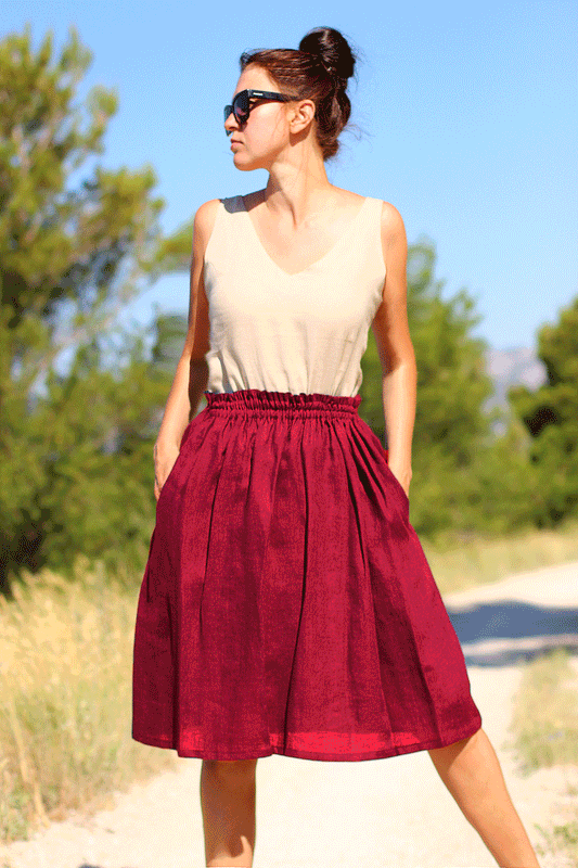 , red linen skirts 