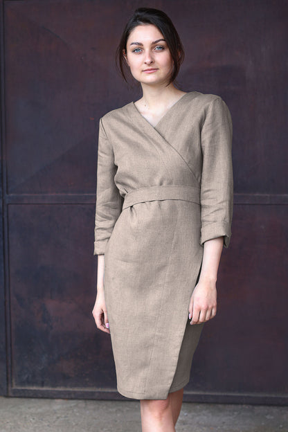 Long sleeve wrap linen dress