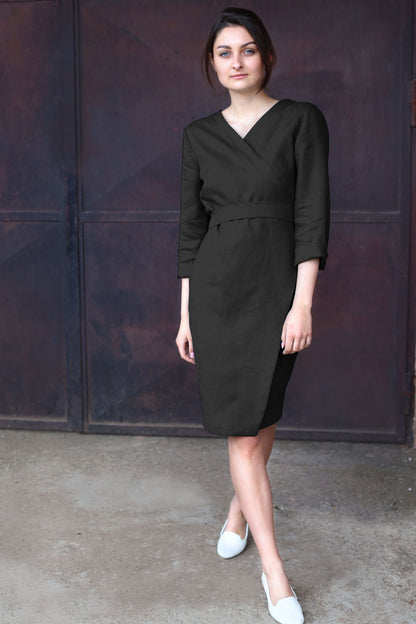 Long sleeve wrap linen dress