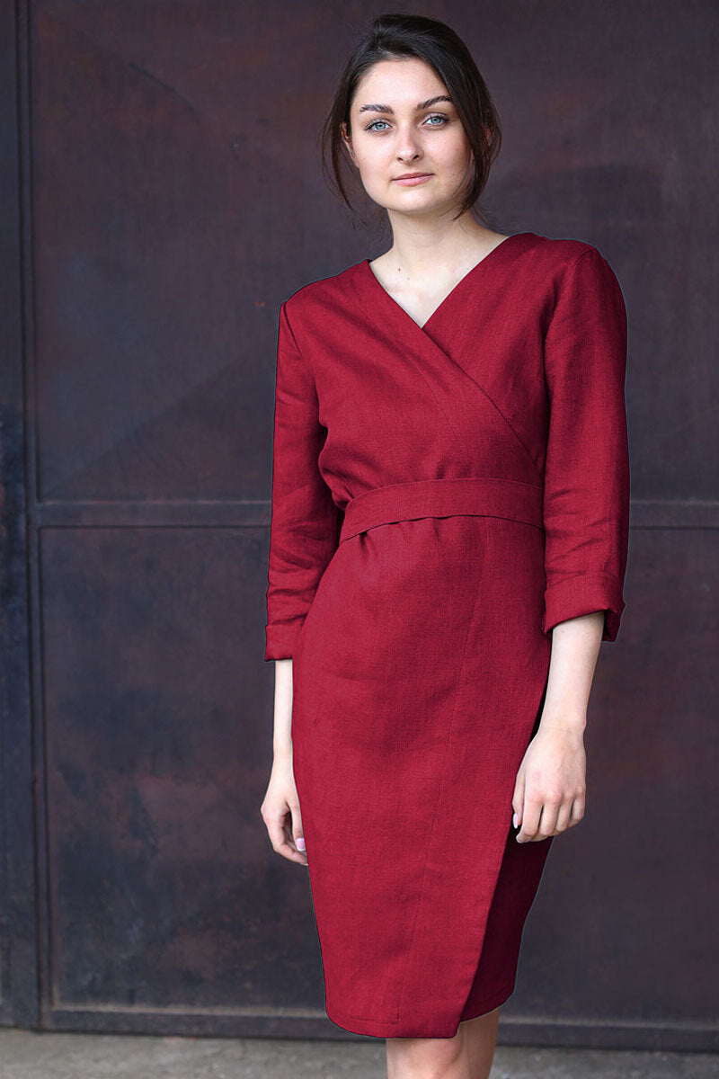 Long sleeve wrap linen dress