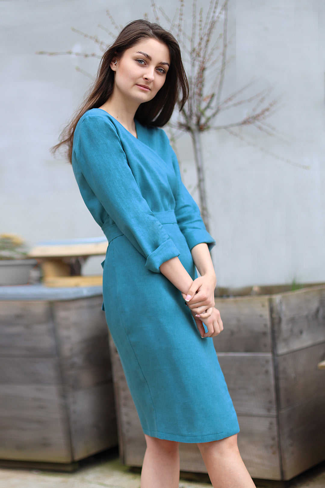 Long sleeve wrap linen dress