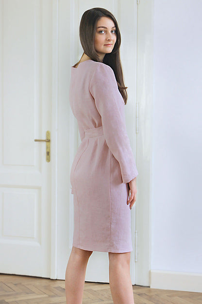 Long sleeve wrap linen dress