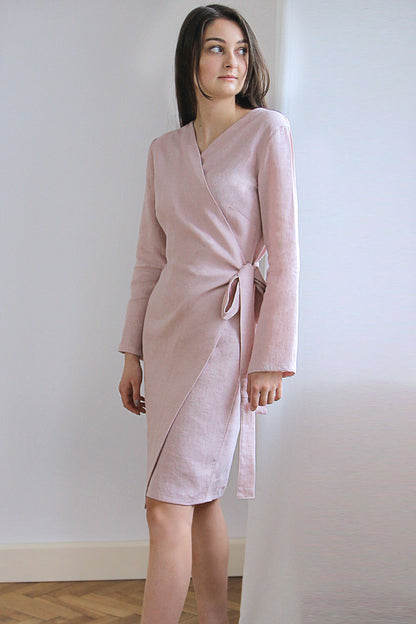 Long sleeve wrap linen dress