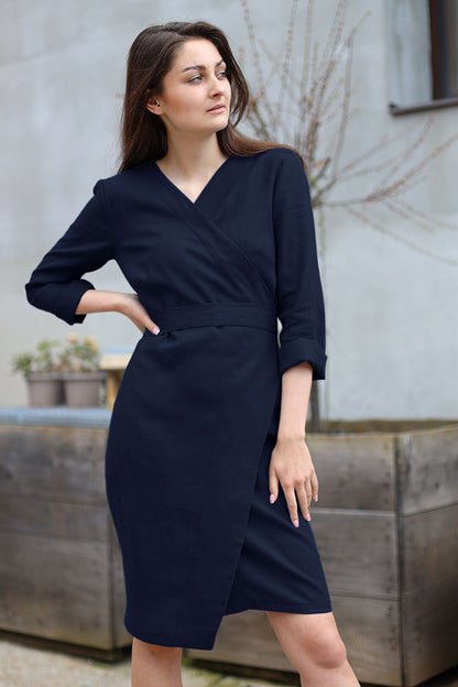 Long sleeve wrap linen dress